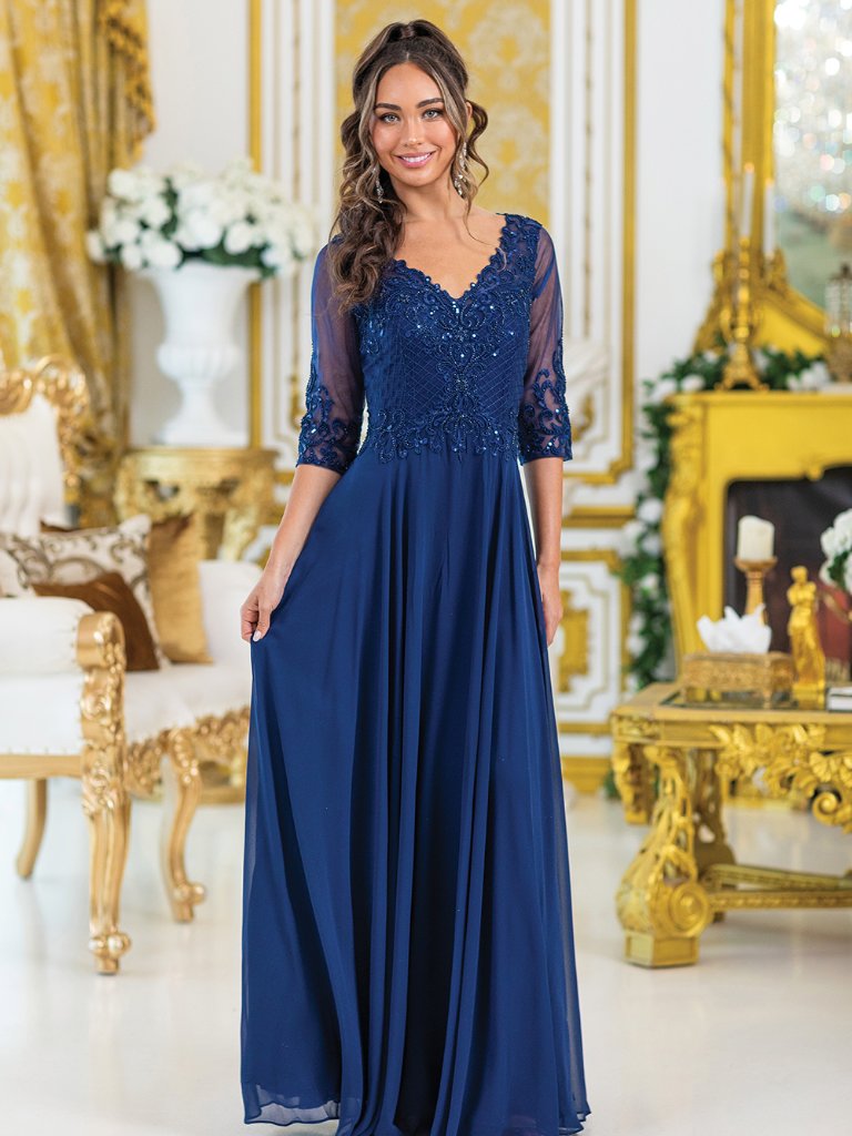 New Navy A-Line Long Festive Mother Of The Bride Gown W/ 3/4 Sleeves Dq 4497